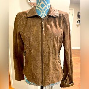 I.E. Relaxed Women’s Size PlL Brown Suede Leather Jacket Contrast Stitching